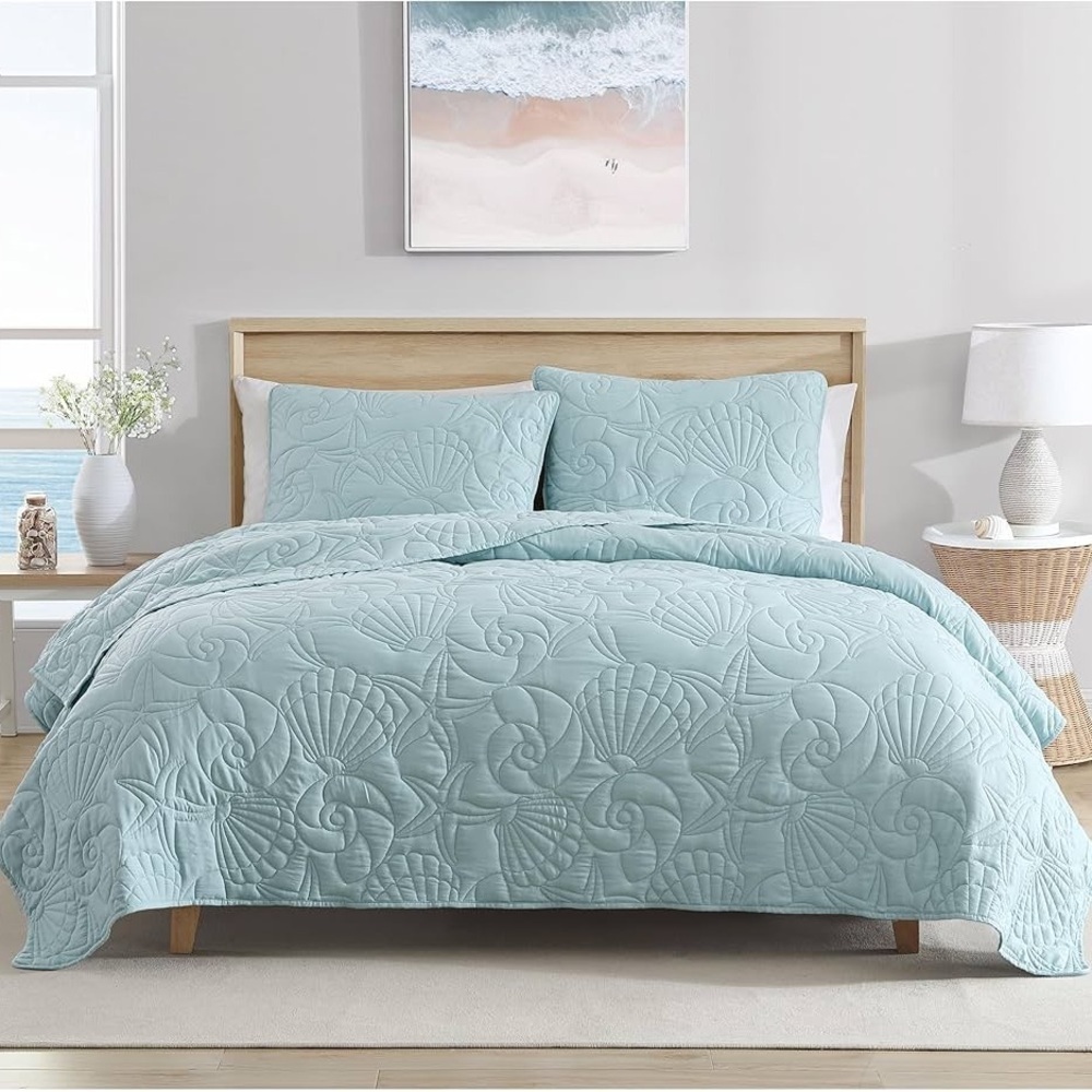 CARIBBEAN JOE Full/Queen Outlined Shell 3-Piece Quilt Set, Coastal Beach , Aqua